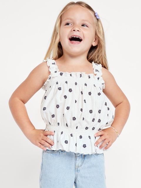 Printed Sleeveless Crinkle Jacquard Peplum Tank Top for Toddler Girls - White Flower
