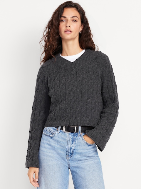 Wool-Blend V-Neck Cable Cropped Sweater - Charcoal