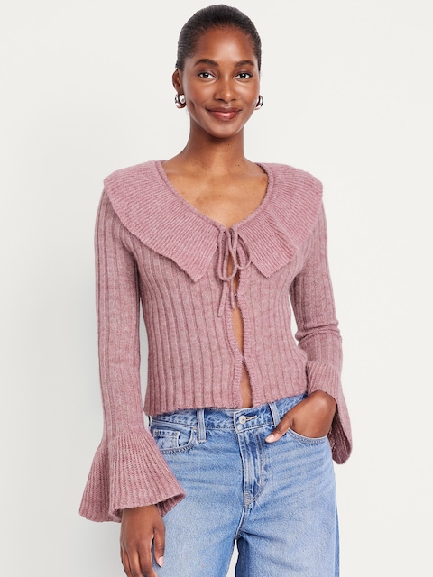 Wool-Blend Ruffle Tie-Front Cropped Cardigan - Fragrant Rose