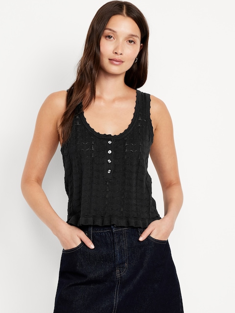 Sleeveless Pointelle Cropped Henley Top - Black Jack
