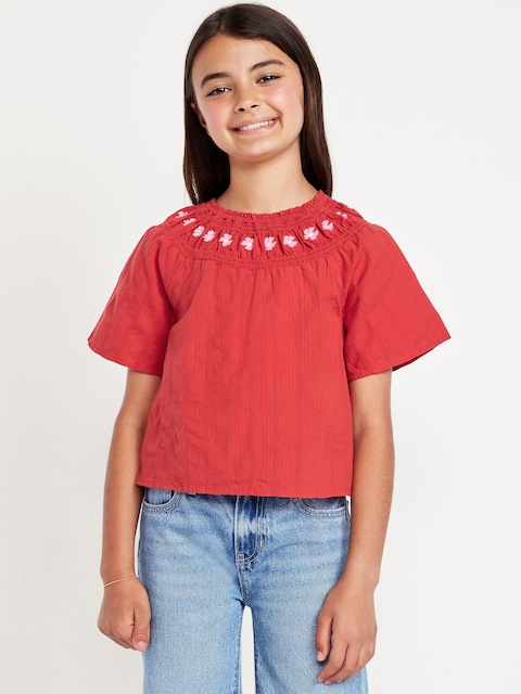 Short-Sleeve Textured Embroidered Top for Girls