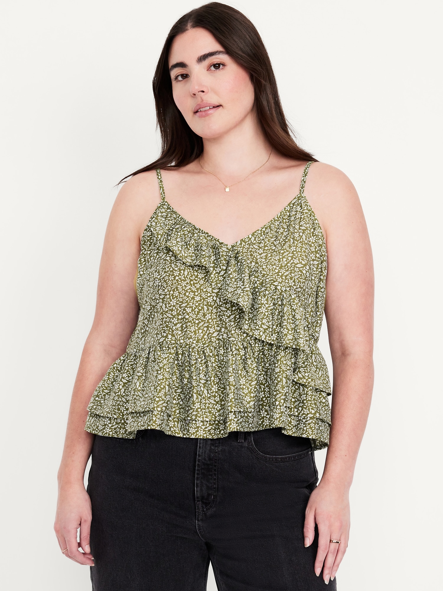 Floerns Women's Plus Size Floral Cami Top - Spaghetti Straps, Front Ruffle Hem, V-Neck, Stretchy Summer Tops - View #4