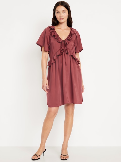 Satin Ruffle Mini Dress - Umber Earth