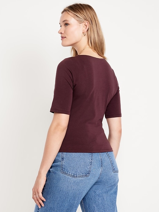 Image number 4 showing, Fitted Double-Layer Elbow-Sleeve Scoop-Neck Top