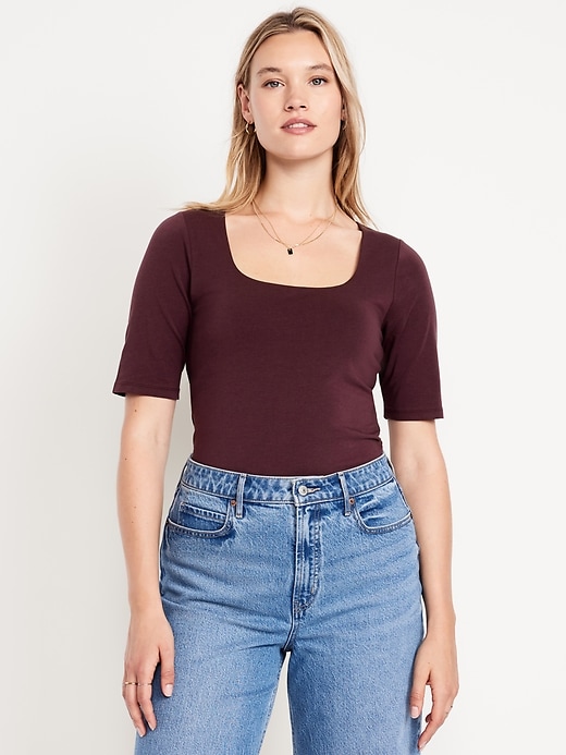 Image number 3 showing, Fitted Double-Layer Elbow-Sleeve Scoop-Neck Top