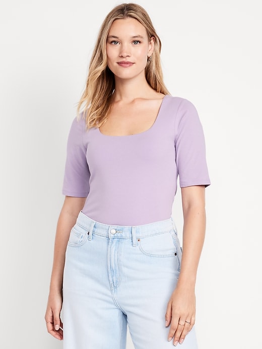 Image number 4 showing, Fitted Double-Layer Elbow-Sleeve Scoop-Neck Top