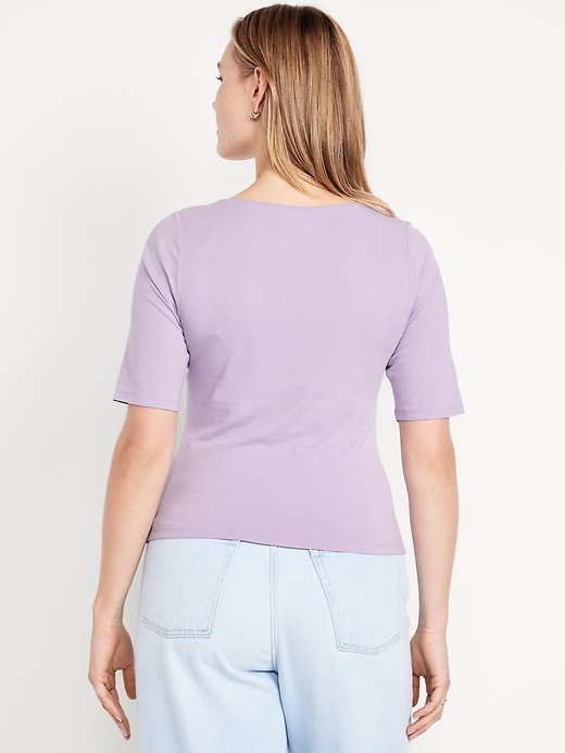 Image number 5 showing, Fitted Double-Layer Elbow-Sleeve Scoop-Neck Top