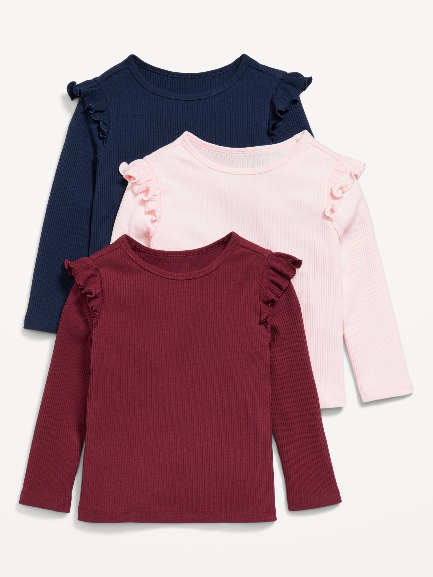 Long-Sleeve Ribbed Ruffle-Trim T-Shirts 3-Pack for Toddler Girls