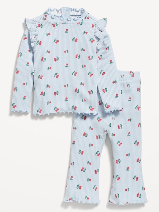 Image number 1 showing, Printed Cozy Rib-Knit Ruffled Top and Pants Set for Baby