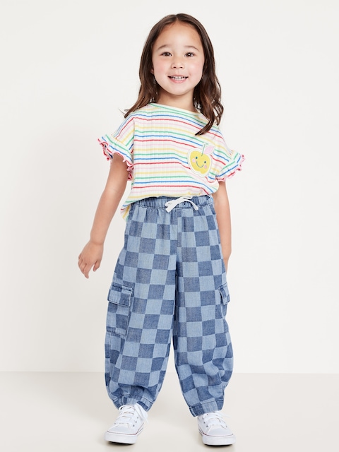 Barrel-Leg Chambray Cargo Pants for Toddler Girls - Chambray Check