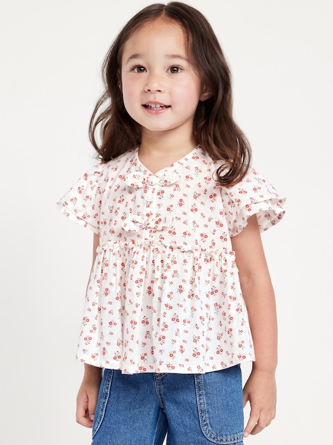 Short-Sleeve Ruffled Bow Top for Toddler Girls - White Ditsy Floral