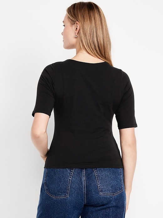 Image number 5 showing, Fitted Double-Layer Elbow-Sleeve Scoop-Neck Top