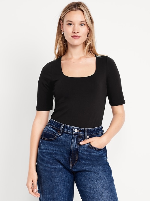 Image number 4 showing, Fitted Double-Layer Elbow-Sleeve Scoop-Neck Top