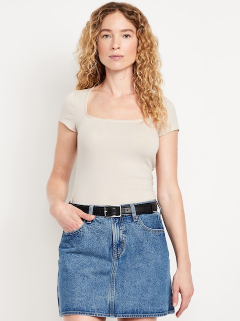Square-Neck Ribbed T-Shirt - Wish Bone