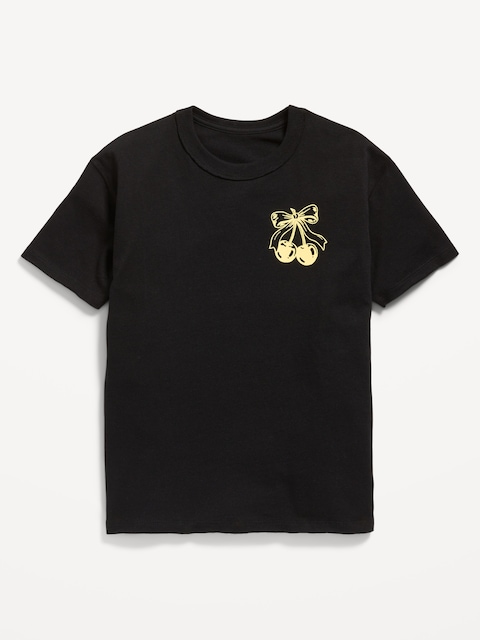 Oversized Short-Sleeve Logo-Graphic Raw-Edge T-Shirt for Girls - Black Jack