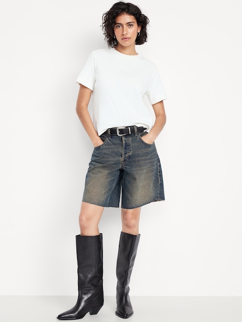 Mid-Rise Baggy Cut-Off Jean Bermuda Shorts -- 9-inch inseam