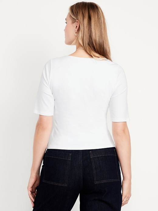 Image number 5 showing, Fitted Double-Layer Elbow-Sleeve Scoop-Neck Top