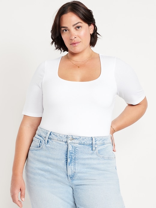 Image number 6 showing, Fitted Double-Layer Elbow-Sleeve Scoop-Neck Top