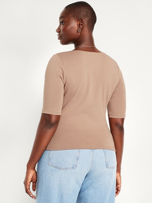 Image number 4 showing, Fitted Double-Layer Elbow-Sleeve Scoop-Neck Top
