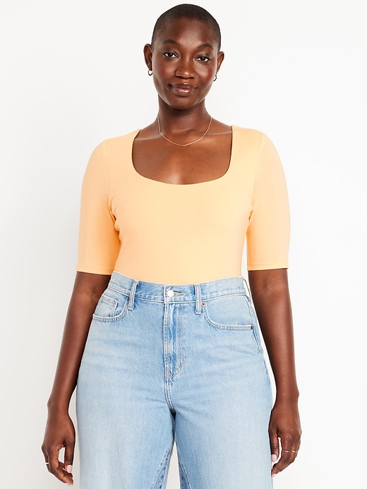 Image number 4 showing, Fitted Double-Layer Elbow-Sleeve Scoop-Neck Top