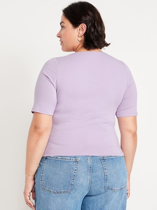 Image number 7 showing, Fitted Double-Layer Elbow-Sleeve Scoop-Neck Top