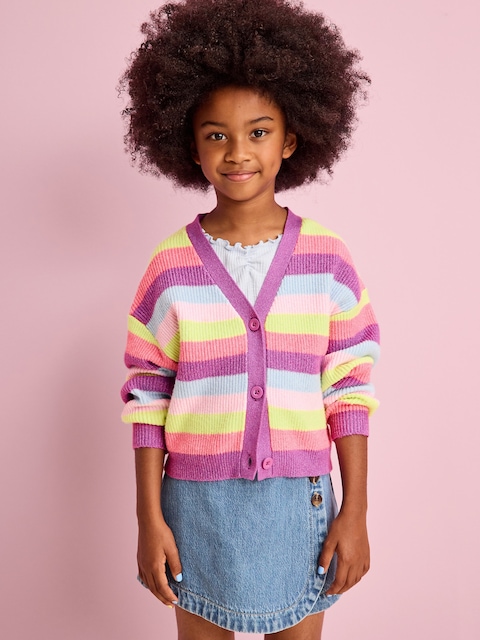 Printed Button-Front Cardigan Sweater for Girls - Multi Stripe