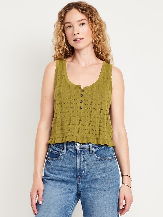 Image number 1 showing, Sleeveless Pointelle Cropped Henley Top
