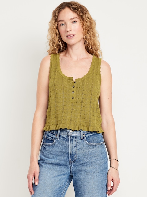 Sleeveless Pointelle Cropped Henley Top - Mountain Olive