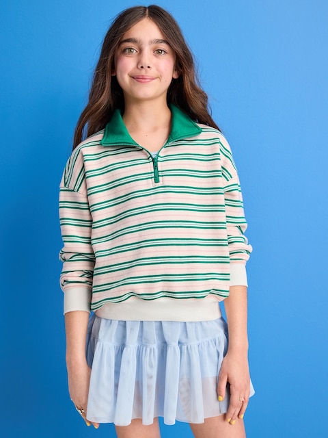 Oversized Quarter-Zip Sweatshirt for Girls - Multi Pink Stripe