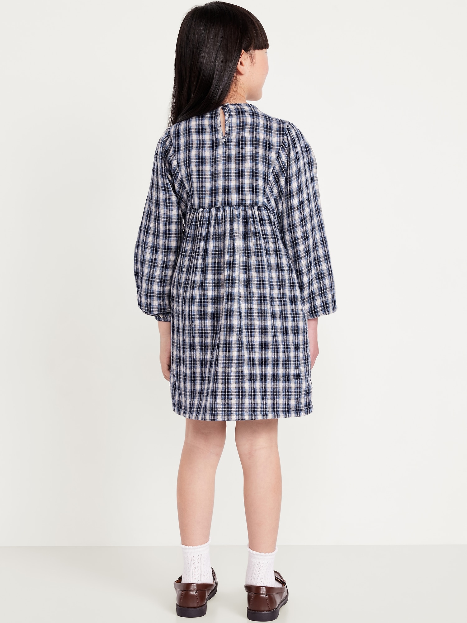 Long-Sleeve Tie-Front Double-Weave Swing Dress for Girls