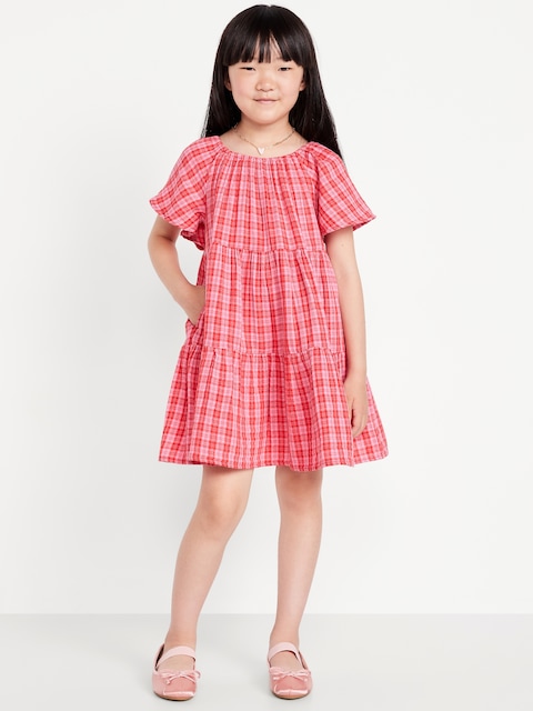 Printed Flutter-Sleeve Double-Weave Tiered Swing Dress for Girls - Pink Plaid