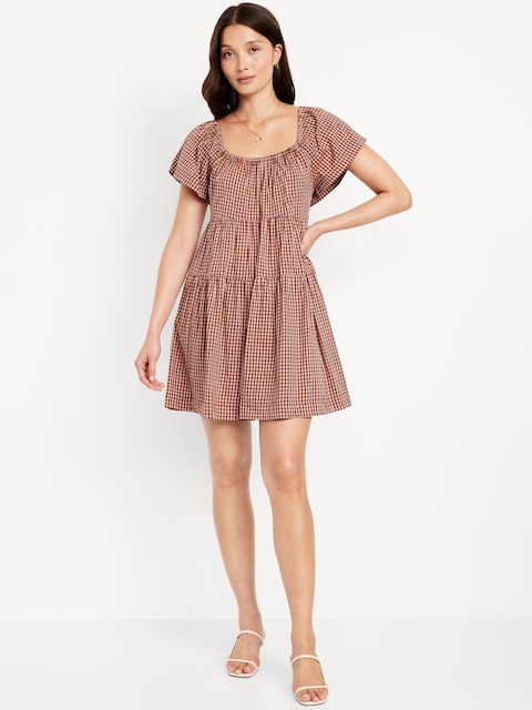 Tiered Mini Swing Dress - Pink Plaid