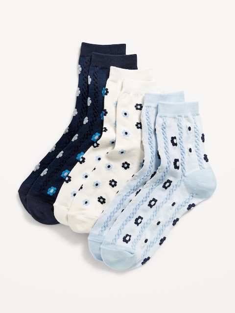 Novelty Quarter Crew Socks 3-Pack for Women - Floral Pattern