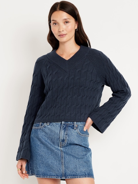 Wool-Blend V-Neck Cable Cropped Sweater - Arctic Depth