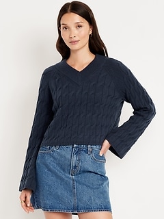 Wool-Blend V-Neck Cable Cropped Sweater