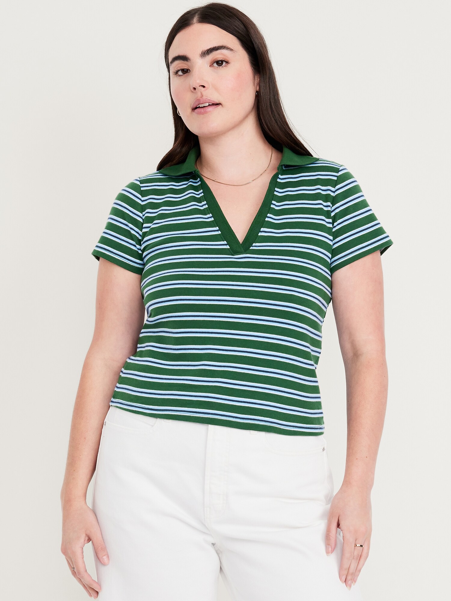Женское поло Old Navy Short-Sleeve Polo, цвет: Зелёный полосатый — фото 3