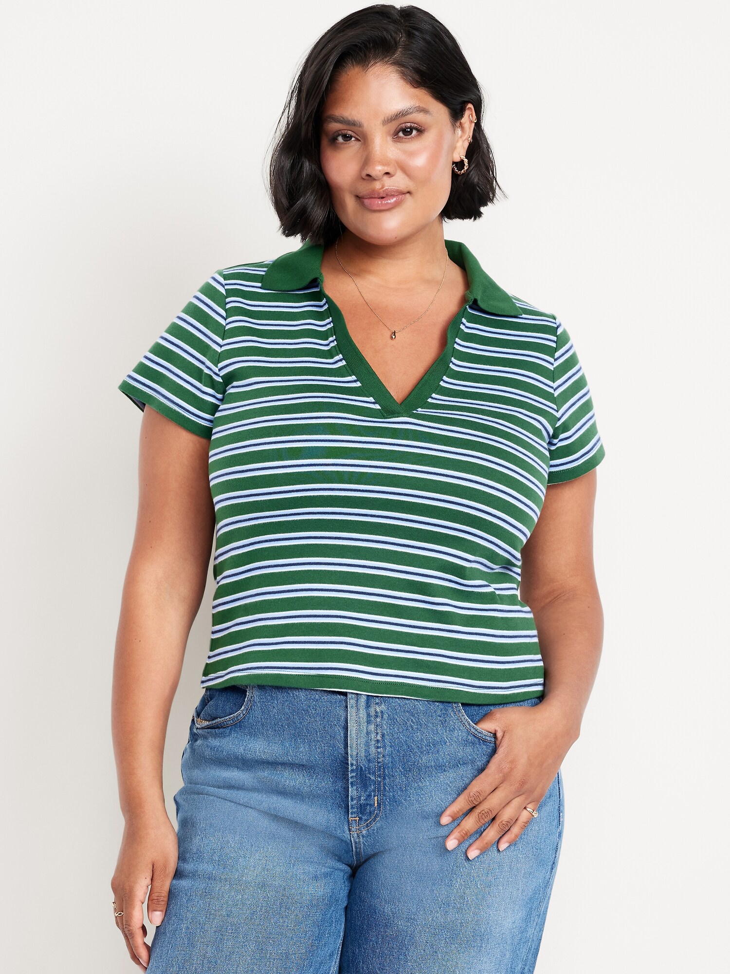 Женское поло Old Navy Short-Sleeve Polo, цвет: Зелёный полосатый — фото 5
