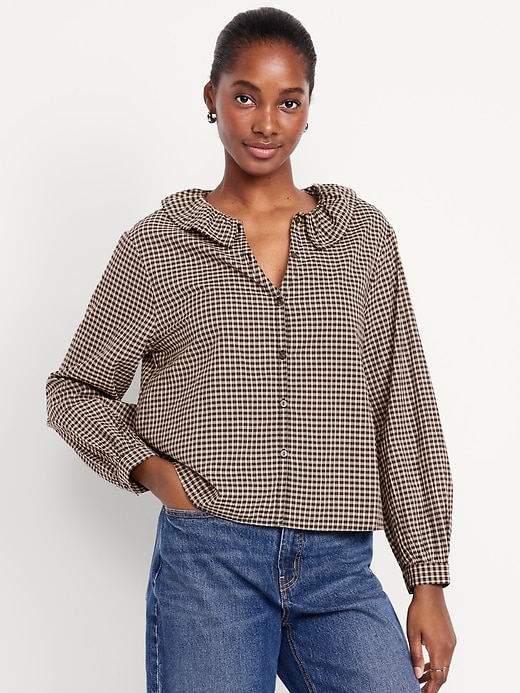 Image number 1 showing, Button-Down Plaid Ruffle Shirt