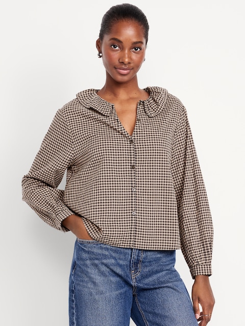 Button-Down Plaid Ruffle Shirt - Neutral Plaid