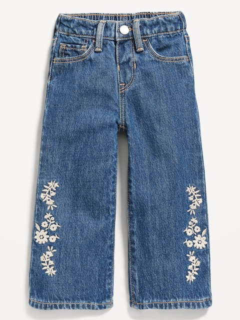 Baggy Embroidered Wide-Leg Jeans for Toddler Girls - Dark Wash