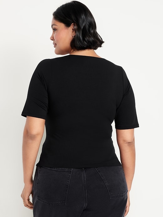 Image number 7 showing, Fitted Double-Layer Elbow-Sleeve Scoop-Neck Top