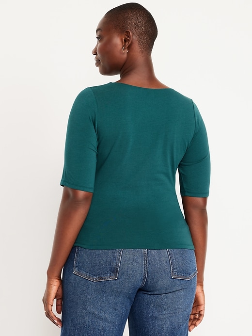 Image number 5 showing, Fitted Double-Layer Elbow-Sleeve Scoop-Neck Top
