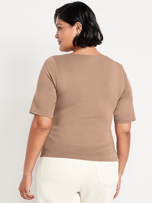 Image number 6 showing, Fitted Double-Layer Elbow-Sleeve Scoop-Neck Top