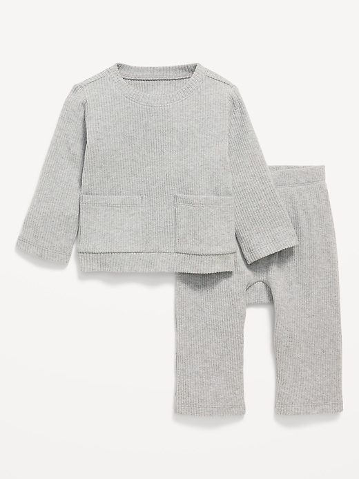 Image number 1 showing, Long-Sleeve Ribbed Pocket T-Shirt and Pants Set for Baby