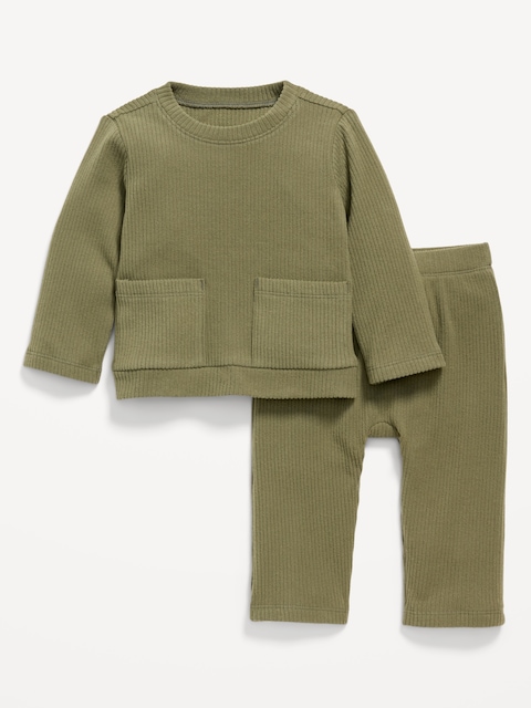 Ribbed Pocket T-Shirt and Pants Set for Baby - I Think Olive