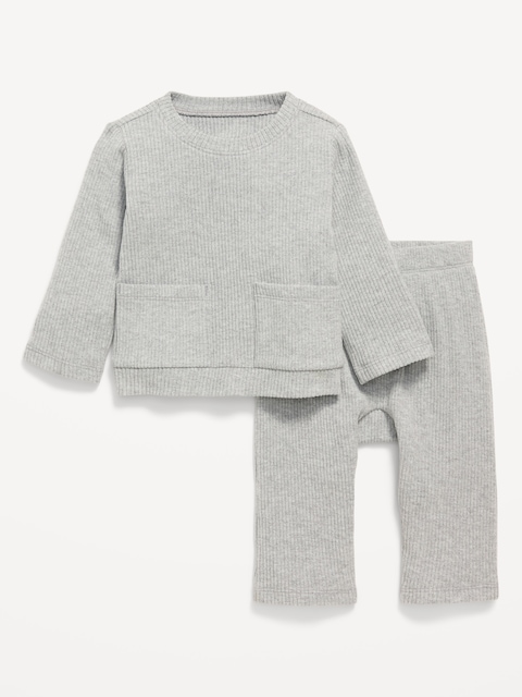 Long-Sleeve Ribbed Pocket T-Shirt and Pants Set for Baby - Heather Gray