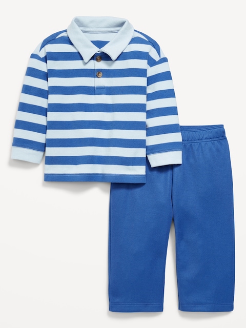 Printed Long-Sleeve Polo Shirt and Pants Set for Baby - Hydro Blue