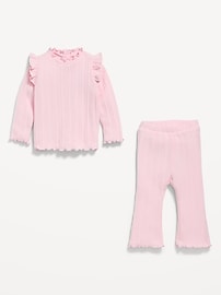 Image number 3 showing, Cozy Long-Sleeve Ribbed Ruffle-Trim Top and Pants Set for Baby