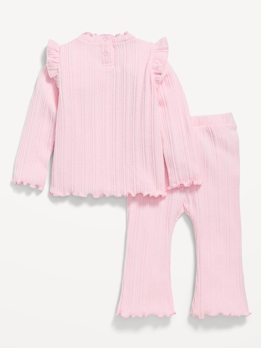 Image number 2 showing, Cozy Long-Sleeve Ribbed Ruffle-Trim Top and Pants Set for Baby
