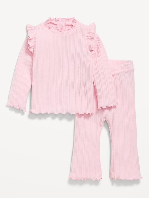 Image number 1 showing, Cozy Long-Sleeve Ribbed Ruffle-Trim Top and Pants Set for Baby